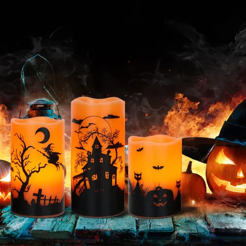 Miniatura 3 de Velas de Halloween sin llama con temporizador de 6 horas, velas LED naranjas parpadeantes de cera real, bruja, murciélagos, castillo, calcomanías