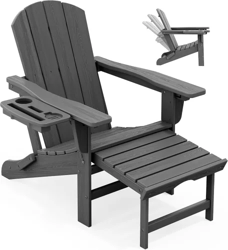 Miniatura 25 de KINGYES Silla Adirondack plegable ajustable con otomana retráctil, silla reclinable Adirondack de polietileno de alta densidad con soporte