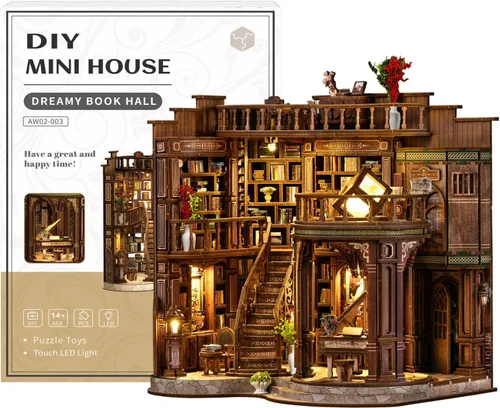 Kit de rincón de libros en miniatura para casa de muñecas, rompecabezas de madera 3D con luz, decoración de estantería de casa pequeña, construcción