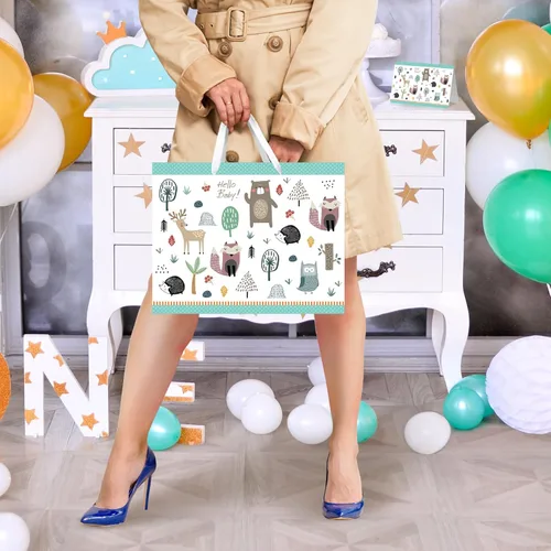 Miniatura 6 de Bolsa de regalo grande de 13 pulgadas con tarjeta y papel de seda para baby shower, cumpleaños de niños (animales del bosque)