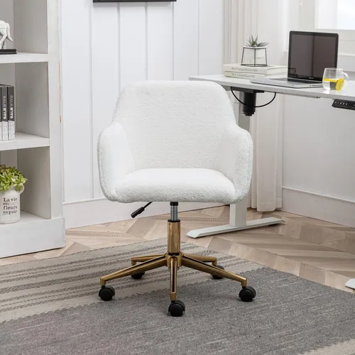 Miniatura 3 de Silla de escritorio esponjosa, silla de tocador de piel sintética blanca, silla giratoria de oficina para niñas y mujeres, altura ajustable, lindas