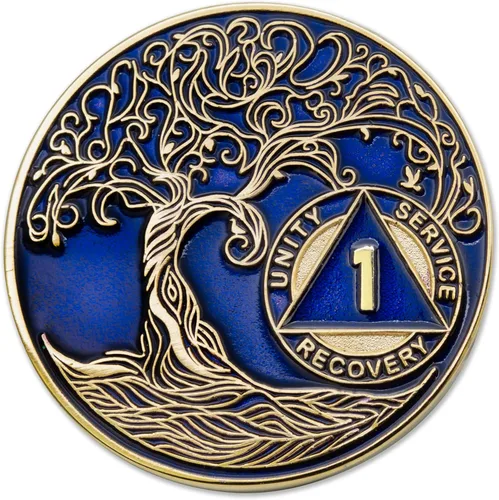 Miniatura 205 de 20 Year Sobriety Mint Twisted Tree of Life - Medallón de recuperación AA chapado en oro, fichas y fichas, color negro