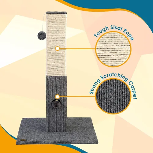 Miniatura 3 de Pawbee Poste rascador para gatos de 32 pulgadas con cascabel y softball, torre de cuerda de sisal para adultos de interior, gatos grandes, gris