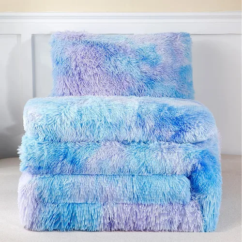 Miniatura 7 de PERFEMET Juego de cama de 3 piezas de felpa azul peluda tamaño queen, estampado de teñido largo, ropa de cama arcoíris de piel sintética para niñas