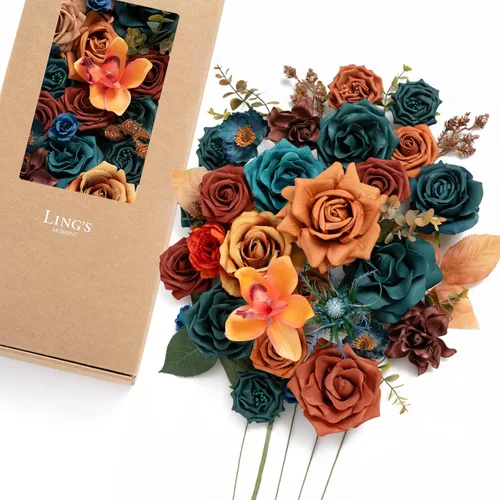 Miniatura 14 de Ling's moment Caja de Flores Falsas, Tallos de Vegetación Artificial Falsa Rosas de Espuma Dalia Hortensia de Seda Peonía Flor de Tela para Centros