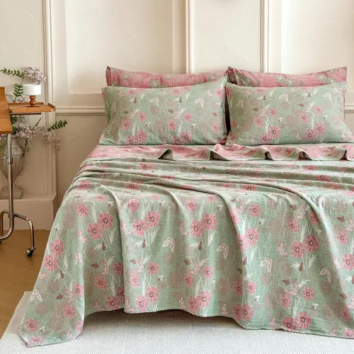 Miniatura 43 de FADFAY Juego de sábanas tamaño King, 100% algodón, elegante ropa de cama de granja con hojas verdes menta y flores blancas, sábana suave