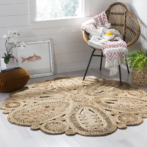 Miniatura 5 de SAFAVIEH Alfombra redonda de 3 pies, colección de fibra natural, óxido, yute hecho a mano, diseño floral bohemio decorativo (NF360T)