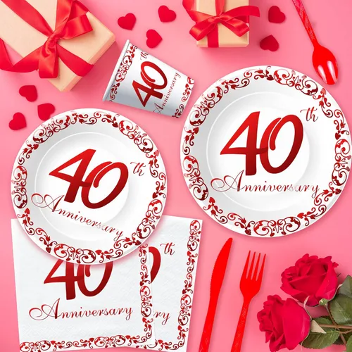 Miniatura 5 de APOWBLS Vajilla para decoración del 40 aniversario, suministros de fiesta de aniversario de boda de rubí, platos de papel, vasos, servilletas