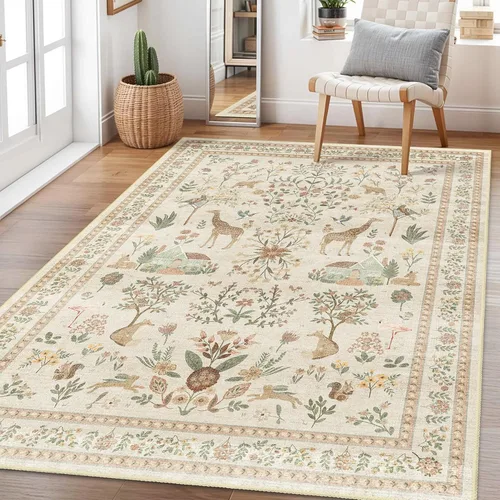 Miniatura 41 de Alfombra de área de 5 x 7 pies para sala de estar, alfombra verde boho antideslizante lavable, alfombra vintage de pelo bajo, alfombra grande