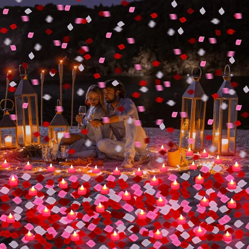 Miniatura 5 de Honoson 1000 pétalos de rosa artificiales con 24 velas LED en forma de corazón sin llama, velas especiales románticas para decoración nocturna
