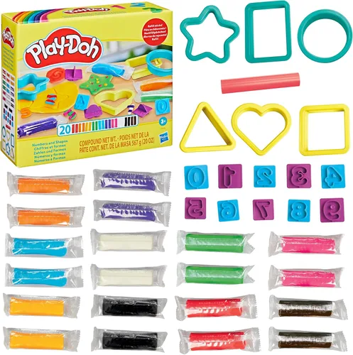 Miniatura 14 de Play-Doh Juego de números y formas con 17 herramientas y 20 barras de plastilina, suministros para el aula de regreso a la escuela, artes