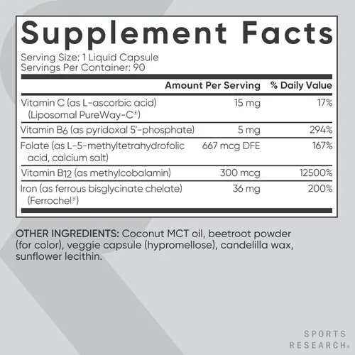 Miniatura 5 de Sports Research® Suplemento de hierro para el equilibrio sanguíneo – 36 mg de hierro + folato y vitamina C para absorción – Soporte de glóbulos
