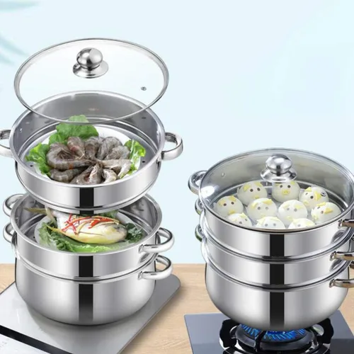 Miniatura 2 de Cabilock Olla de vapor de acero inoxidable de 4 niveles, olla caliente multifuncional de 10.82 pulgadas para cocinar al vapor alimentos y sopas