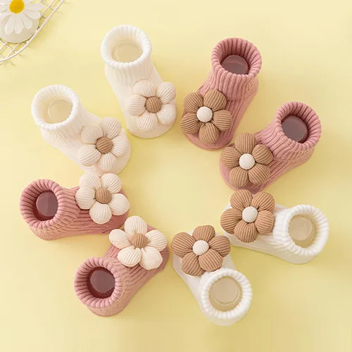 Miniatura 3 de 4 pares de calcetines antideslizantes para niños pequeños con agarres, calcetines de flores para bebé, niños y niñas, calcetines antideslizantes