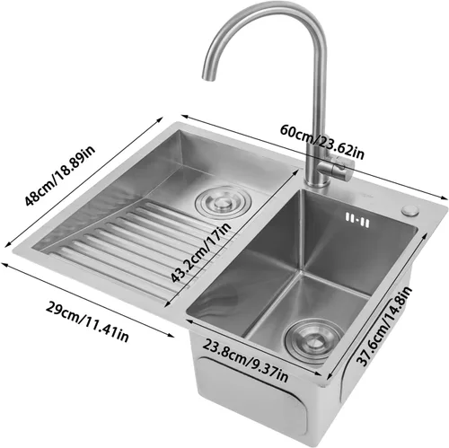 Miniatura 3 de Fregadero de lavandería de 2 lavabos para el hogar con lavabo con tabla de lavar y grifo, fregadero de acero inoxidable para lavanderías, baños