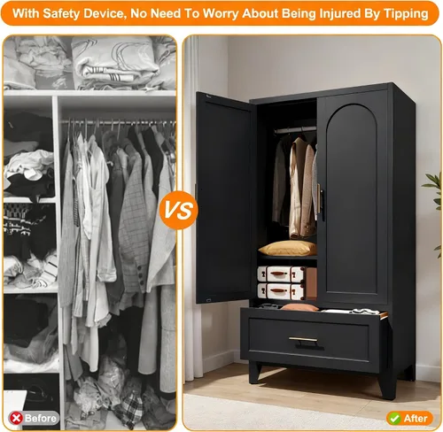 Miniatura 6 de Armario Ropero de Metal de 60" con 1 Cajón, Closet Alto Independiente Arqueado de 2 Puertas para Almacenamiento de Ropa con Estantes Ajustables