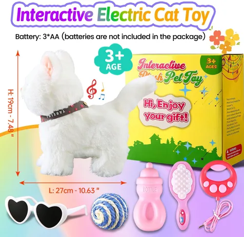 Miniatura 7 de Juego de gato que camina con correa blanca cantando que ronronea y maulla, robot de peluche animado, gatito, mascota en movimiento, realista, animal