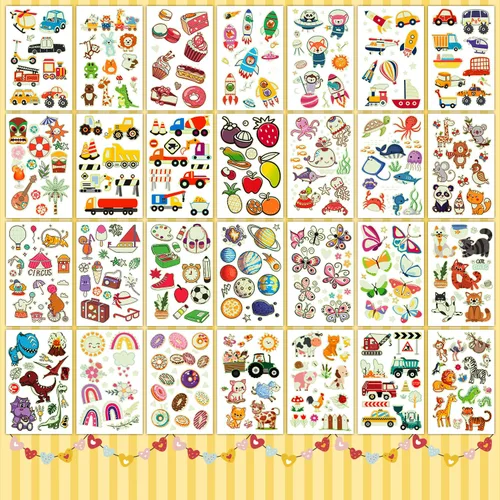 Miniatura 4 de Partywind 56 hojas de tatuajes temporales brillantes para niños, 560 estilos luminosos para fiestas, regalos sorpresa de cumpleaños, premios