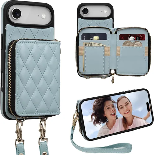 Miniatura 22 de Funda tipo cartera para iPhone 15 de 6.1 pulgadas, bolso cruzado con cremallera y correa para la muñeca con cordón para mujer, tarjetero con bloqueo