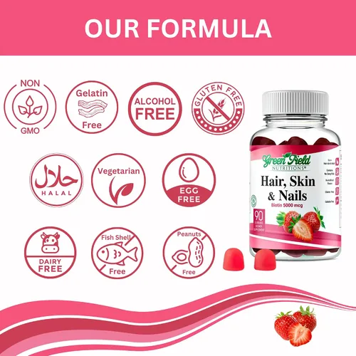 Miniatura 4 de Greenfield Nutritions - Gomitas de biotina halal con vitaminas para cabello, piel y uñas, apoya el metabolismo de la grasa, el crecimiento
