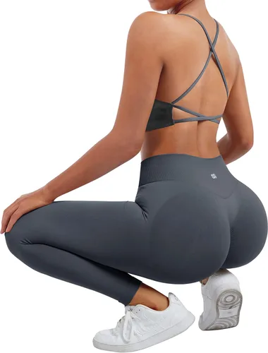 Miniatura 5 de SUUKSESS Conjuntos de entrenamiento sin costuras para mujer, sujetador deportivo con tiras y cintura alta, pantalones cortos