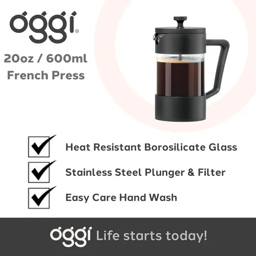 Miniatura 7 de Oggi Cafetera de prensa francesa de vidrio borosilicato (20 oz): capacidad para 5 tazas, prensa de café, cafetera de una sola porción, tapa y émbolo