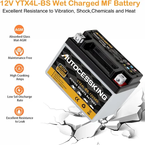 Miniatura 4 de Autocessking YTX4L-BS - Batería de motocicleta de 12V 3Ah recargable, libre de mantenimiento, sellada AGM, batería de reemplazo para Powersport, ATV