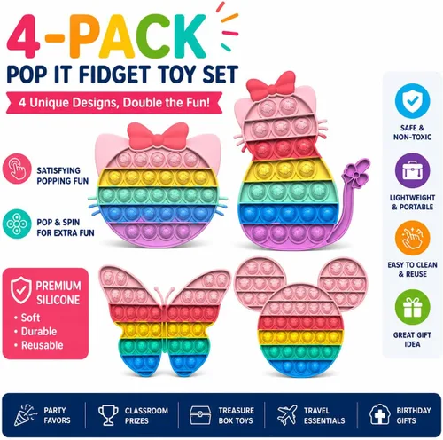 Miniatura 2 de Paquete de 4 juguetes para ansiedad de reventar burbujas para niños, mariposa Pop It, gato Pop It, juego de juguetes sensoriales de ratón y gatito