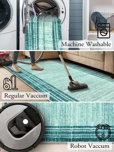 Miniatura 4 de Alfombra de pasillo moderna abstracta Lahome, alfombra lavable turquesa de 2 x 6 pulgadas para entrada, alfombra antideslizante de bajo pelo