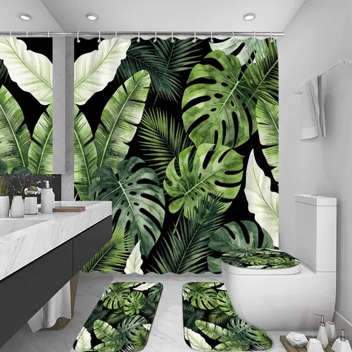 Miniatura 3 de LQCOOL 4Pcs Black Green Shower Curtain Set, Modern Minimalist Bathroom Sets, Abstract Botanical Bathroom Sets with Shower Curtain and Rugs, Tropical
