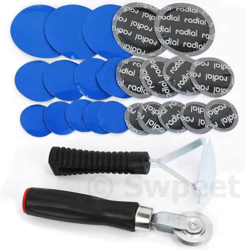 Miniatura 6 de Swpeet 25 piezas de 1.260 in, 1.654 in, 2.283 in, herramienta de reparación de parches de neumáticos y rueda de rodillo con raspador