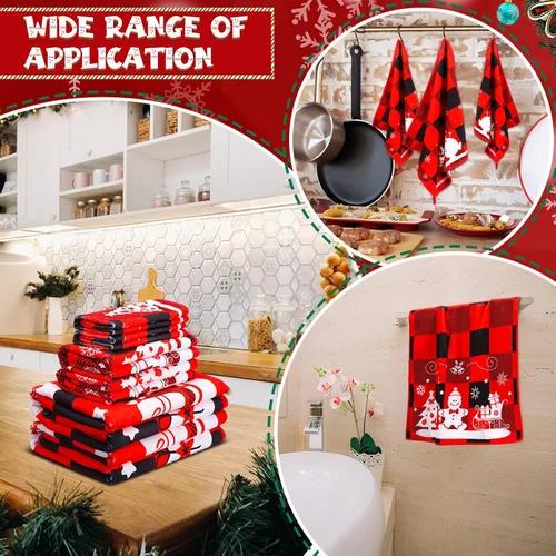 Miniatura 5 de Buryeah Juego de 6 Piezas de Toallas de Baño de Navidad 2 Toallas de Baño Rojas Suave con Diseño de Buffalo Plaid 2 Toallas Cuadradas Decorativas 2