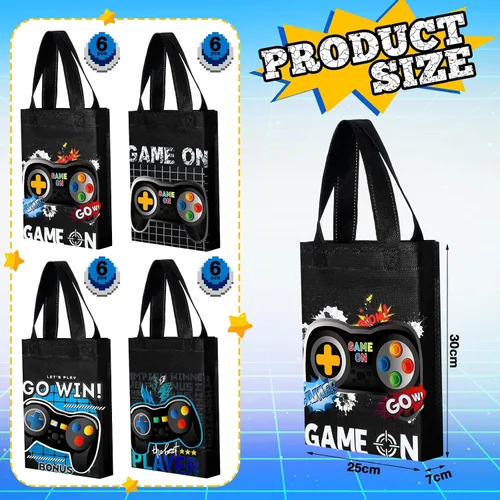 Miniatura 2 de Ferraycle Paquete de 24 bolsas de regalo con temática de videojuegos, recuerdos de fiesta de videojuegos, no tejidas, reutilizables, con asas