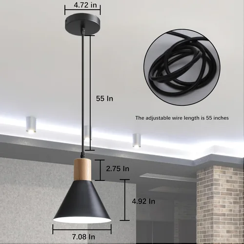 Miniatura 7 de Luces colgantes, paquete de 3 lámparas colgantes de techo de madera maciza, moderna iluminación colgante negro mate para cocina, sobre isla