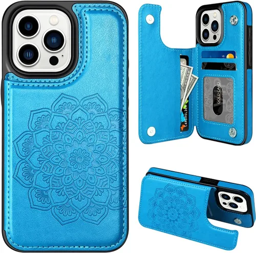Miniatura 13 de MMHUO Funda protectora para iPhone 15 Pro Max con tarjetero y botones magnéticos de flores para mujer, color morado Púrpura