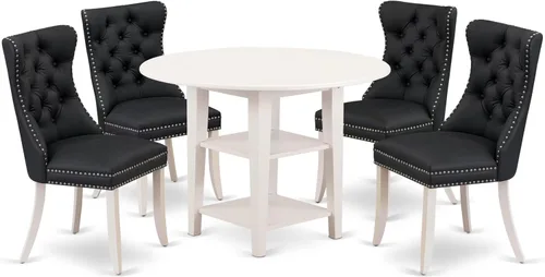 East West Furniture SUDA5-LWH-12 - Juego de mesa de comedor de 5 piezas, incluye una mesa de cocina redonda con gotas y estantes y 4 sillas de tela