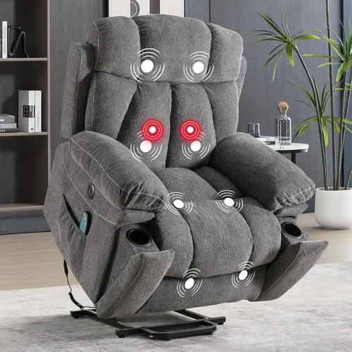 IOMOR Silla reclinable grande para personas mayores con masaje y calor, sofá reclinable eléctrico con 2 portavasos, bolsillo lateral y puerto de