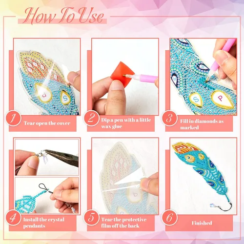 Miniatura 6 de Henoyso Juego de 6 marcadores de pintura de diamante, marcapáginas de plumas 5D, marcadores de diamantes de imitación para bricolaje, arte