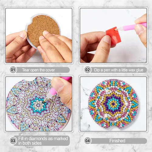 Miniatura 6 de Kajaia 8 posavasos de auto con pintura de diamante con base de corcho, posavasos de mandala, kits de arte de pintura de diamante, suministros