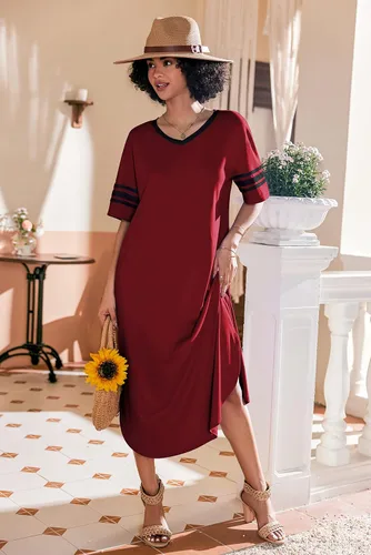Miniatura 2 de Ekouaer Camisón largo con cuello en V para mujer, ropa de dormir de gran tamaño, vestido de dormir suelto S-4XL