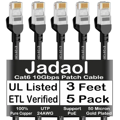 Miniatura 16 de Cable Ethernet Cat 6 de 1 pie (paquete de 6), para exteriores e interiores, compatible con red Cat7 de 10 Gbps, cable de conexión LAN plano