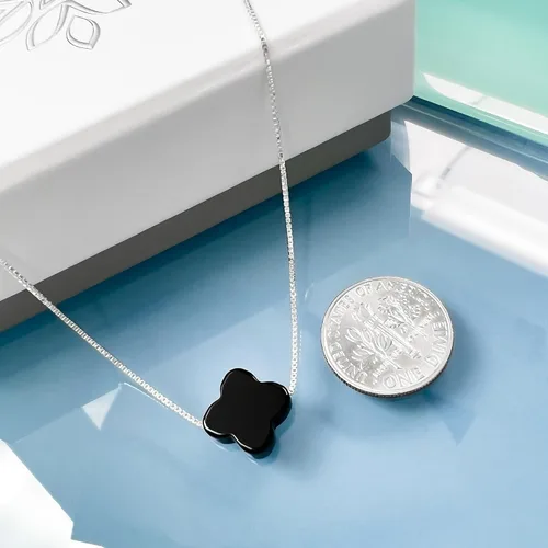 Miniatura 3 de Collar de trébol de ónix negro para mujer, cuentas de trébol de ónix negro en cadena de plata de ley, collar de gargantilla de buena suerte