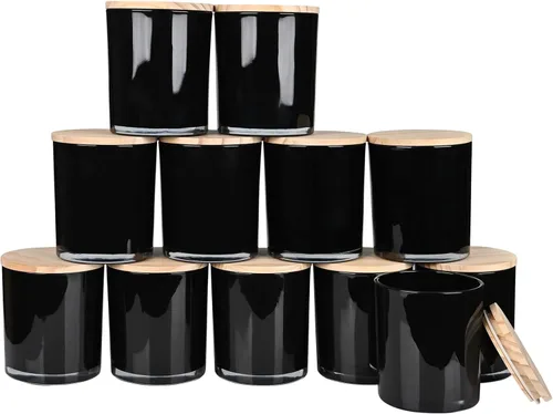 Miniatura 18 de SHOWIN Tarros de vela gruesos de 14 OZ para hacer velas 12 Piezas, tarros vacíos de 3 mechas con tapas de madera para hacer velas, recipiente