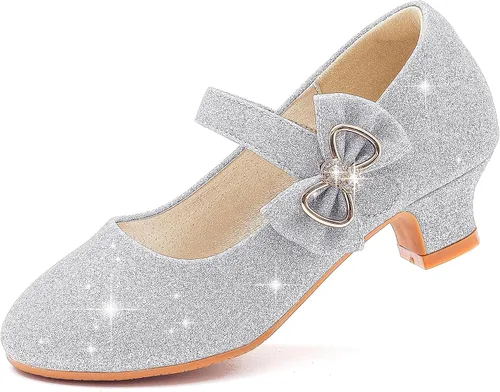 Dufannie Zapatos de vestir para niñas, zapatos de tacón bajo de princesa, zapatos planos con purpurina para bodas y fiestas