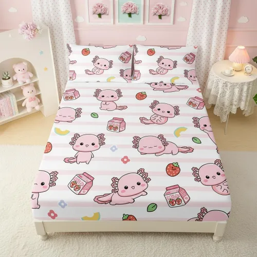 Miniatura 31 de QOOMO Ropa de cama Kawaii Axolotl para niños y niñas, diseño de flor de cerezo rosa, juego de ropa de cama súper suave para niños, con estrellas