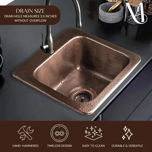 Miniatura 6 de Monarch Abode Fregadero de cocina y bar – Fregadero Baxter de 15 pulgadas, fregadero de cobre puro martillado a mano con orificio para grifo