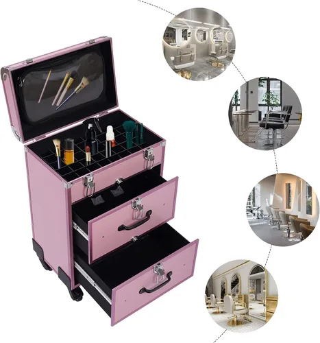 Miniatura 2 de Estuche de tren de maquillaje rodante, estuche para cosméticos, organizador de almacenamiento grande profesional, estuche de peluquería, divisores