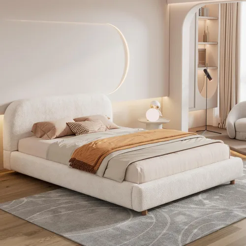 Miniatura 21 de Cama de Plataforma Tapizada con Forma Curva con Cabecera de Forma Curva, Marco de Cama de Madera Tamaño Full para Dormitorio de Niños y Adultos