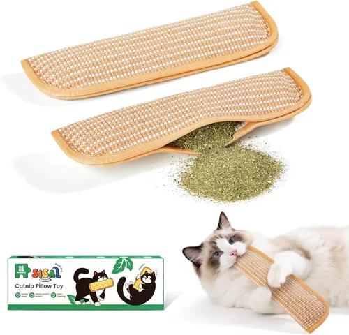 Potaroma Paquete de 2 juguetes para gatos con hierba gatera orgánica A+ de 6000 mg A+, material de sisal suave, juguetes para rascar y patear para