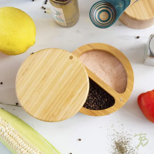 Miniatura 2 de Totally Bamboo Salt Keeper Duet - Salero de bambú con compartimentos duales para sal y pimienta o especias, tapas giratorias magnéticas, caja de sal